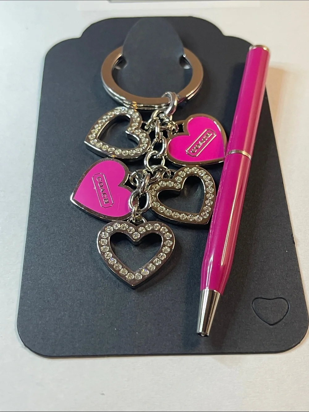 Coach Fuchsia Heart Dangle Keyring with Crystal Accents and Coach Pen